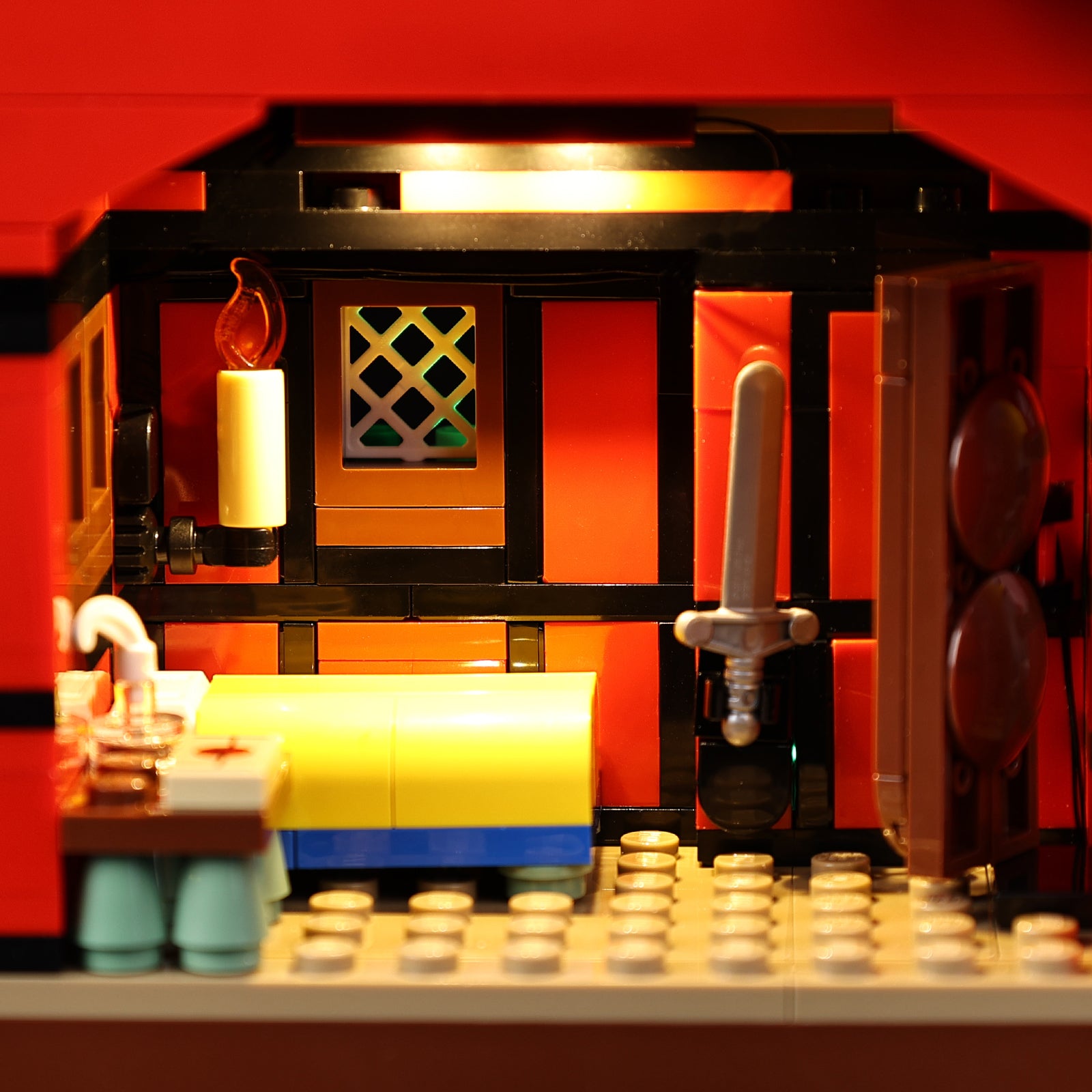 Close-up LED installation on LEGO Medieval Town Square 10332