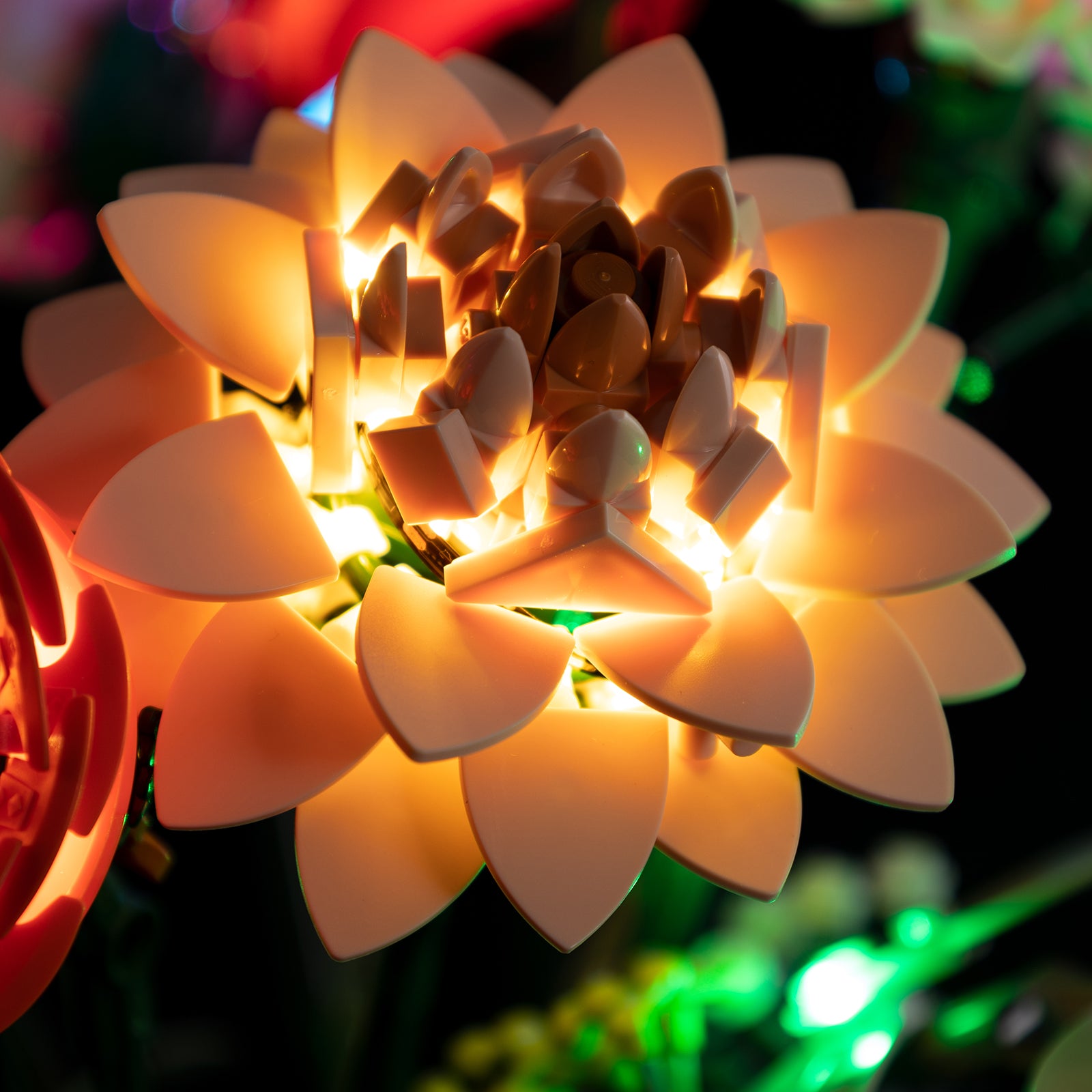 Close-up LED installation on LEGO Wildflower Bouquet 10342