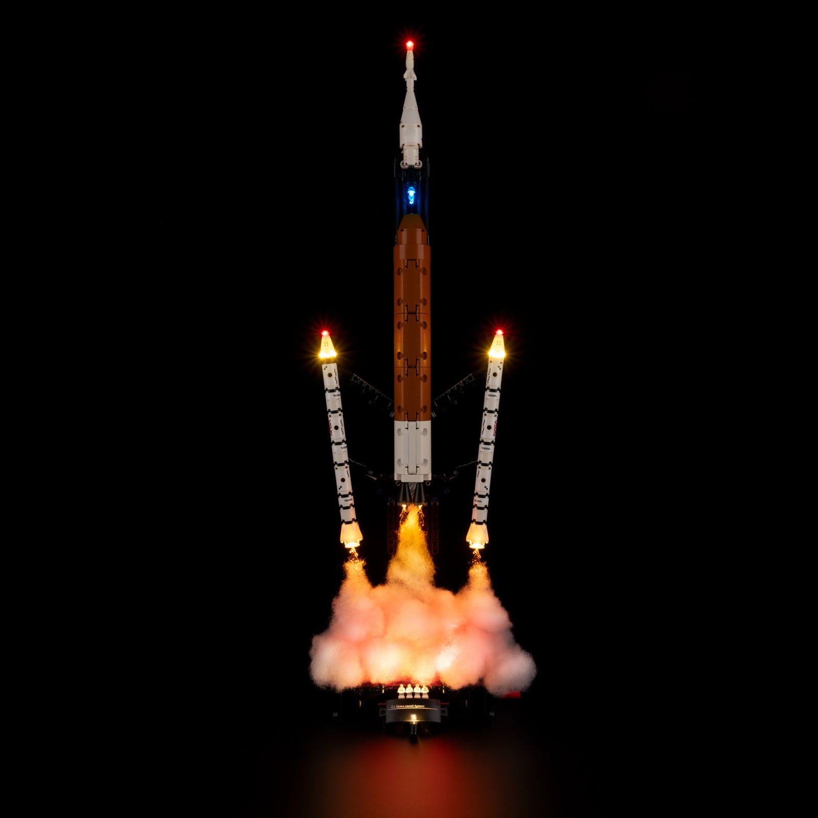 Front view of the assembled NASA Artemis Space Launch System Rocket LEGO lighting