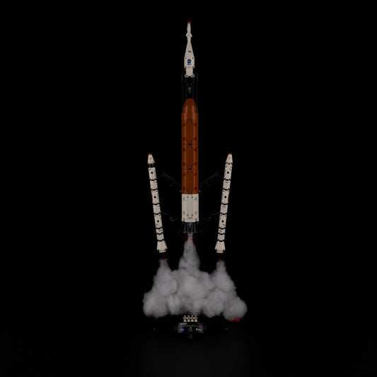 Light Kit for LEGO NASA Artemis Space Launch System Rocket 42221 - full rocket on launch pad with orange core and red tip lights
