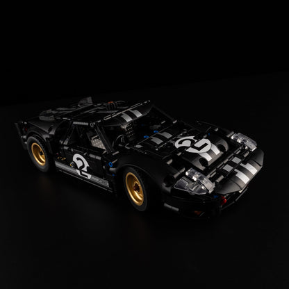 Light Kit for LEGO 1966 Ford GT40 MKII Race Car 42223 - front three-quarter view with LED headlights and blue engine glow
