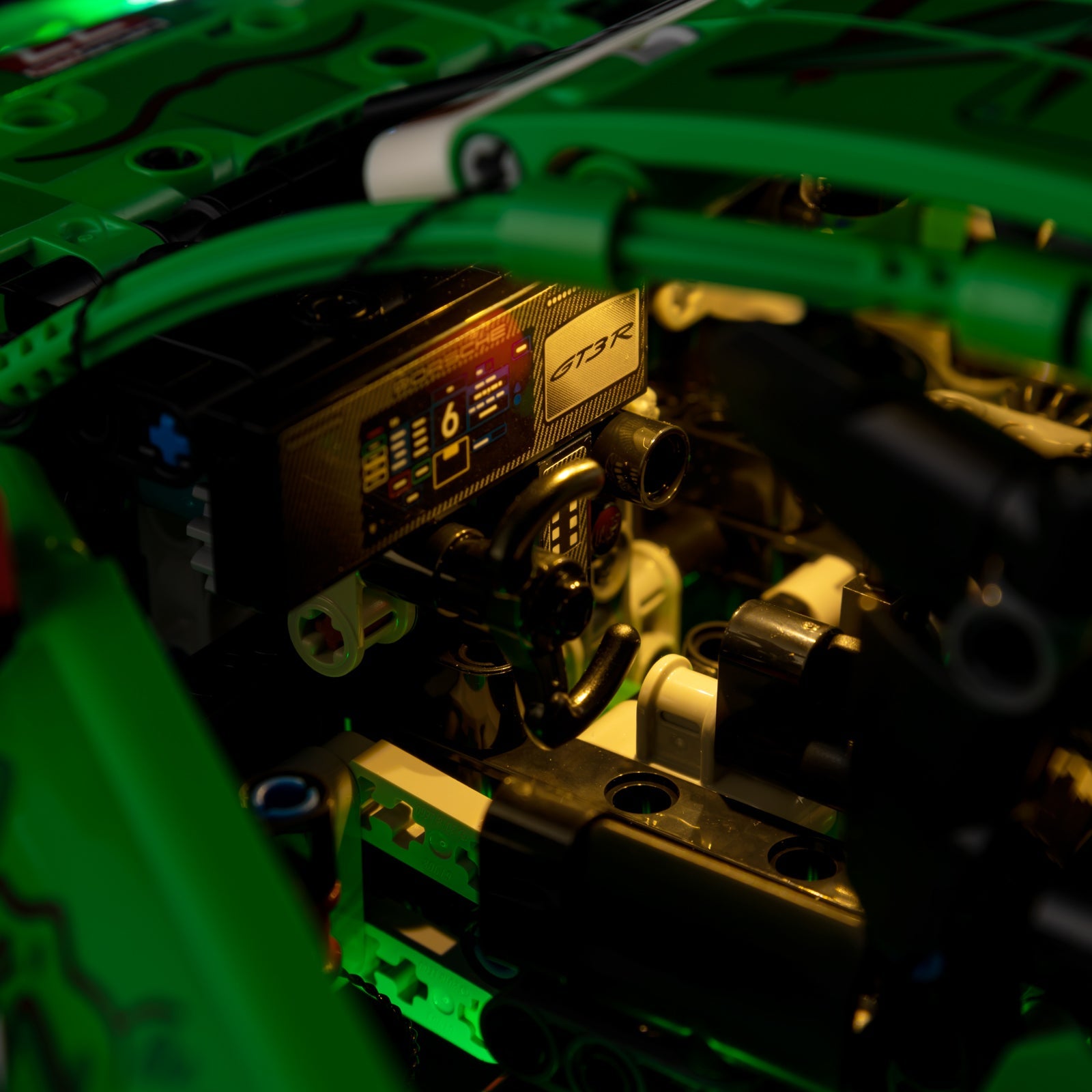 Light Kit for LEGO Porsche 911 GT3 R REXY AO Racing Car 42224 - rear wing detail with green underglow effect