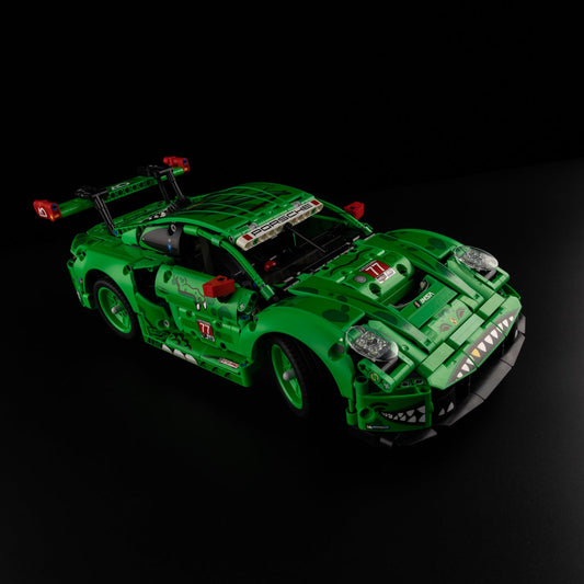 Light Kit for LEGO Porsche 911 GT3 R REXY AO Racing Car 42224 - front three-quarter view with green underglow and shark teeth