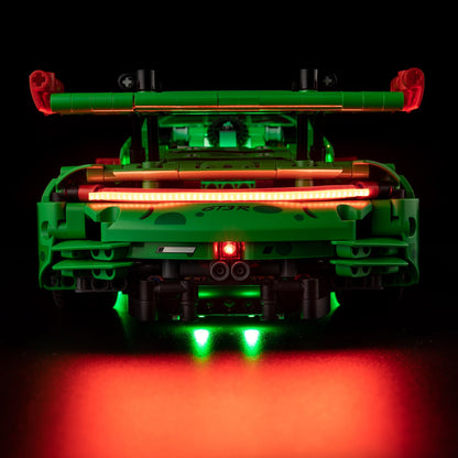 Light Kit for LEGO Porsche 911 GT3 R REXY AO Racing Car 42224 - detail of Porsche logo on windshield with LED lighting
