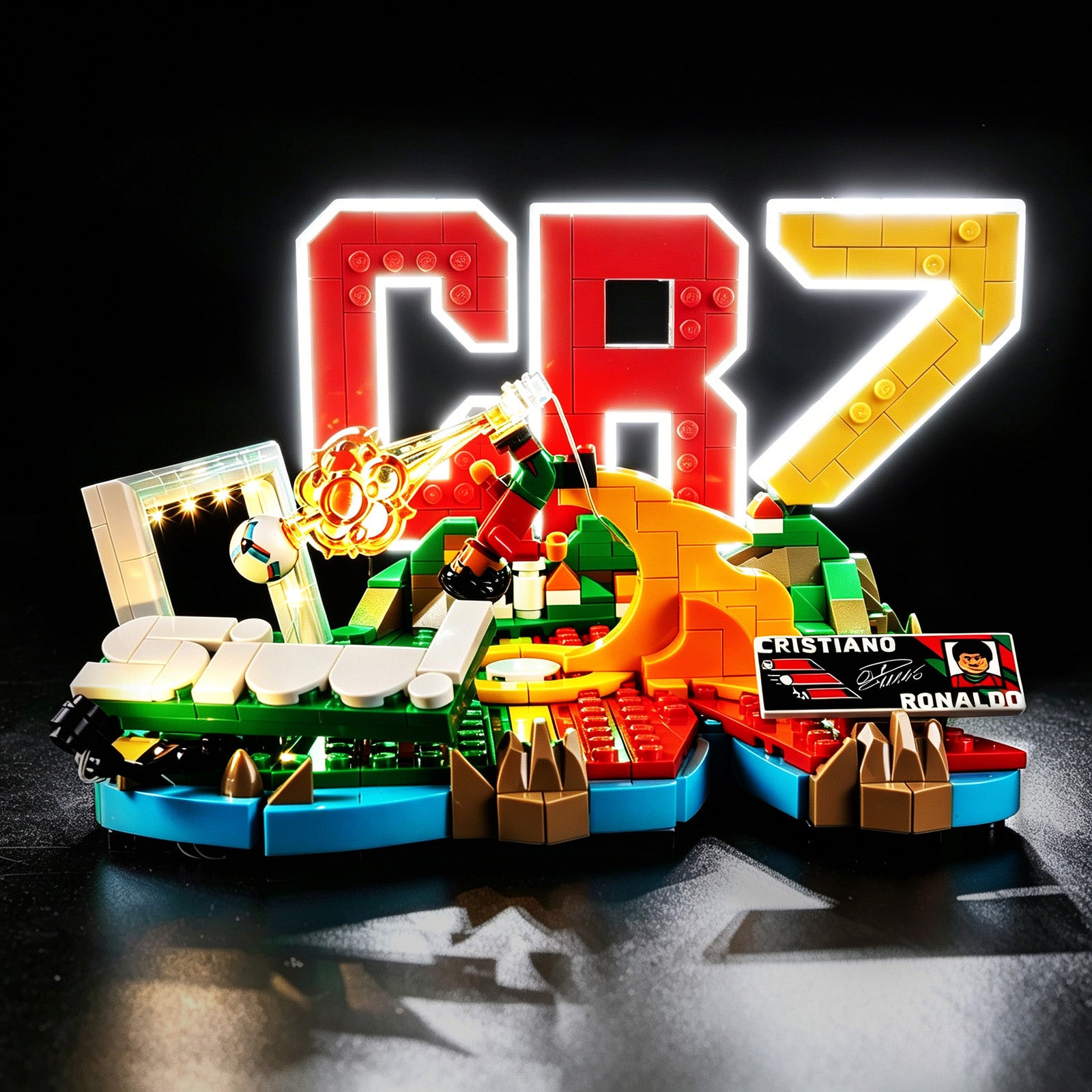Front view of the assembled Cristiano Ronaldo – Soccer Highlights LEGO lighting
