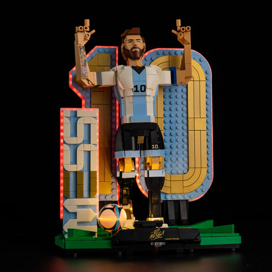 Front view of the assembled Lionel Messi – Soccer Legend LEGO lighting
