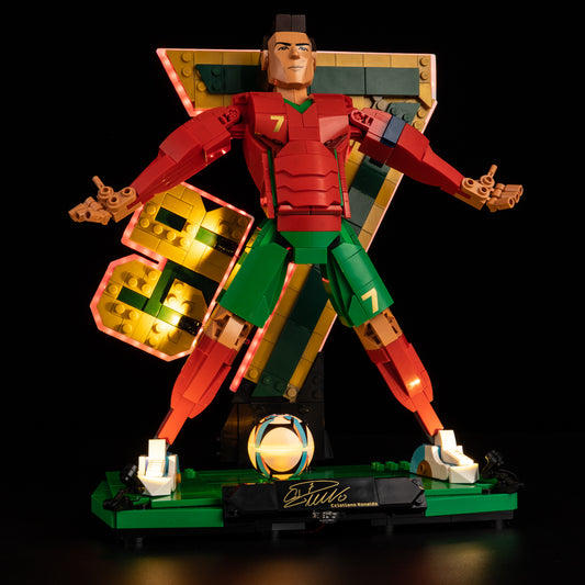 Front view of the assembled Cristiano Ronaldo – Soccer Legend LEGO lighting