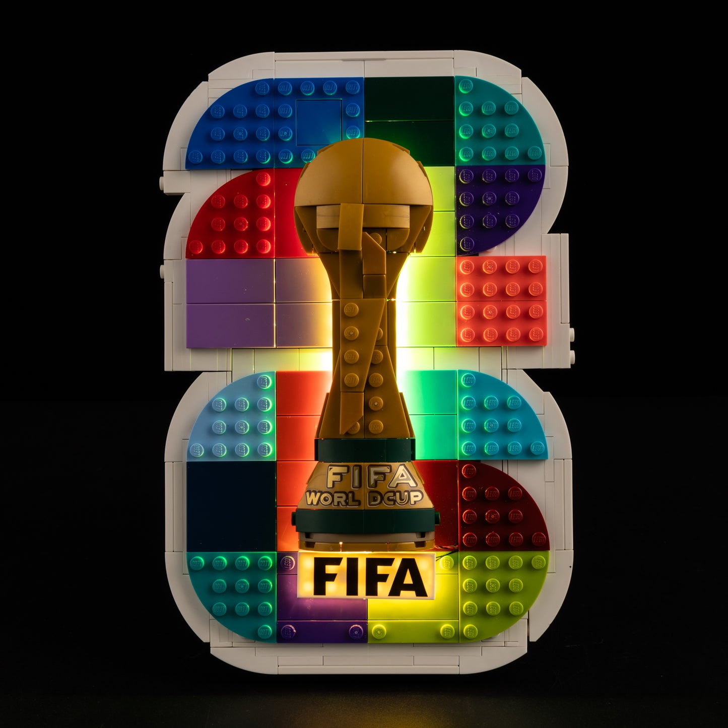 Front view of the assembled FIFA World Cup 2026™ Official Emblem LEGO lighting
