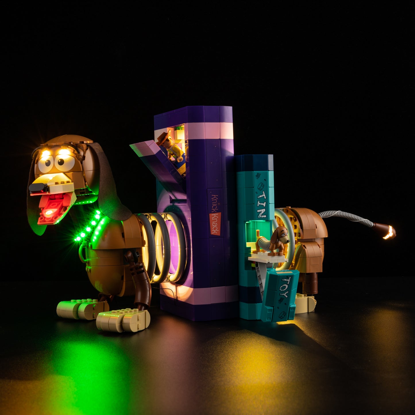 Front view of the assembled Toy Story Slinky Dog Bookends LEGO lighting