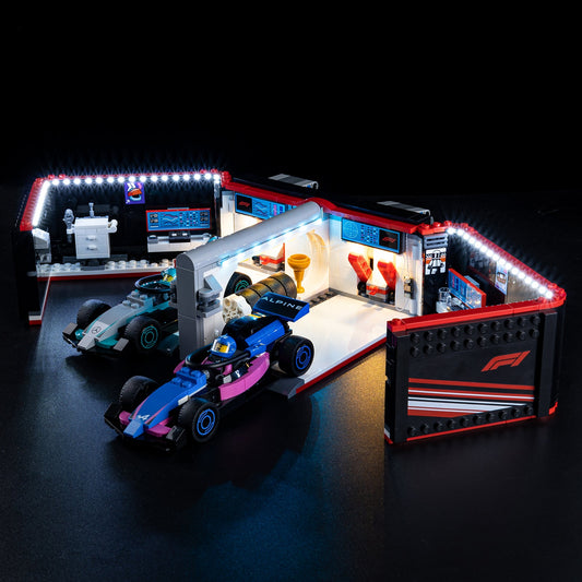 Light Kit For LEGO F1 Garage and Mercedes AMG and Alpine Cars 60444 - 60444-F1-Garage-and-Mercedes-AMG-and-Alpine-Cars-1-on (lights on)