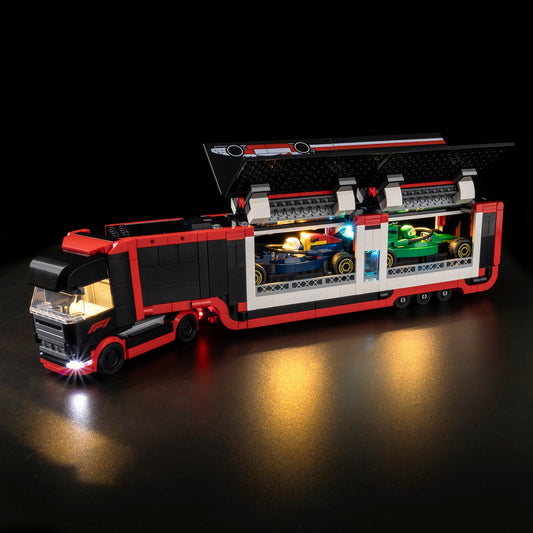 Light Kit For LEGO F1 Truck with RB20 and AMR24 F1 Cars 60445 - 60445-F1-Truck-with-RB20-and-AMR24-F1-Cars-1-on (lights on)