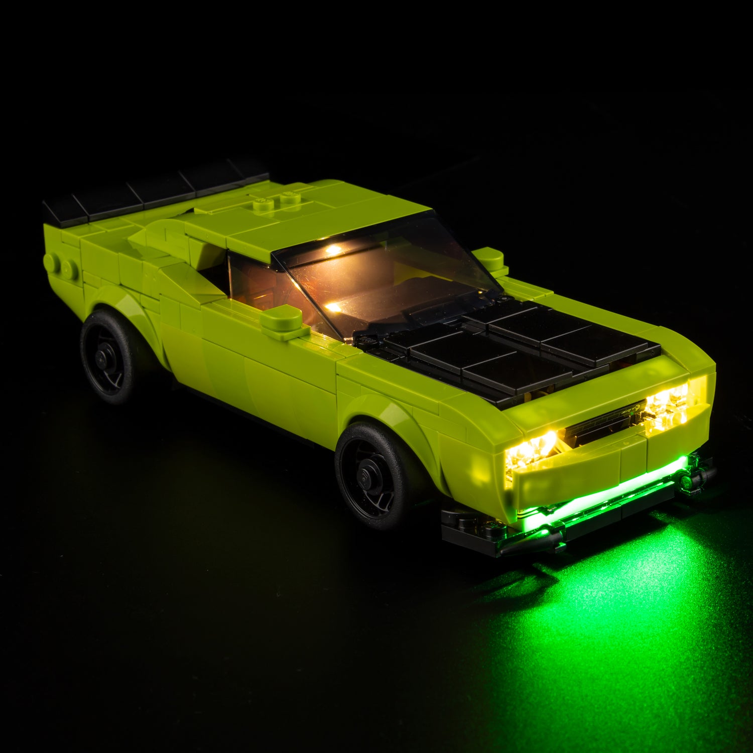 Top view of the Dodge Challenger SRT Hellcat Sports Car with lights set