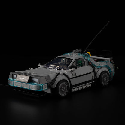 Light Kit for LEGO DeLorean Time Machine 77256 - front three-quarter view with gull-wing door and blue underglow