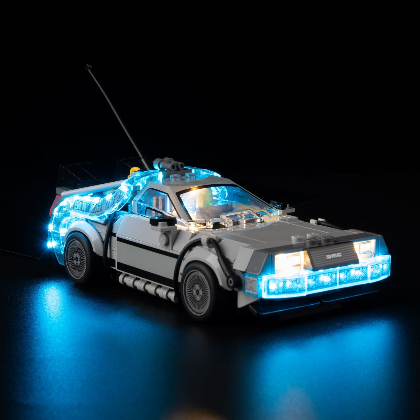 Light Kit for LEGO DeLorean Time Machine 77256 - side profile with blue vent glow and Mr. Fusion detail
